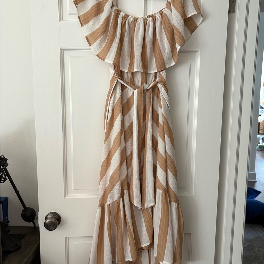Altar'd State Tan and White Off-Shoulder Dress
